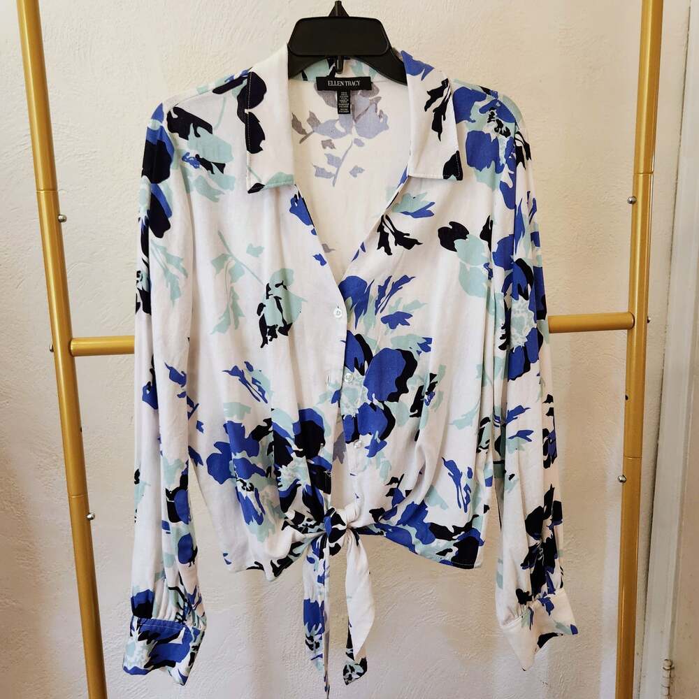 Ellen Tracy Floral Tie-Front Long Sleeve Button-Down Shirt Medium